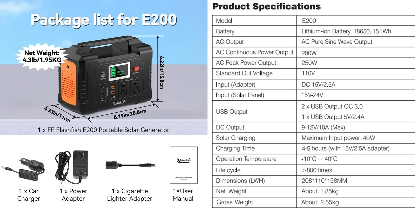 Powerstation E200 Portable Power Station 200W Solar Generator 151WH Battery AC DC Outdoor Camera Drone Power Supply Solar Charge