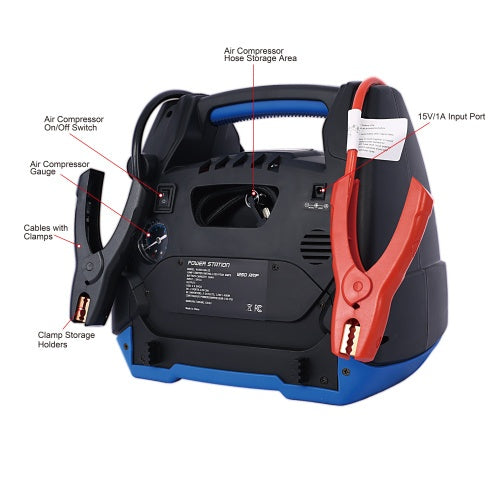 Rechargeable Jump Starter For Gas Diesel Vehicles - 1800 Amps With Air Compressor And AC, 12V DC, USB Power Station