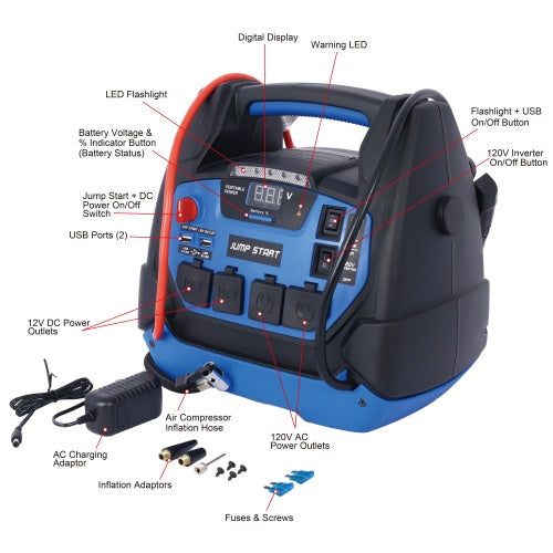 Rechargeable Jump Starter For Gas Diesel Vehicles - 1800 Amps With Air Compressor And AC, 12V DC, USB Power Station