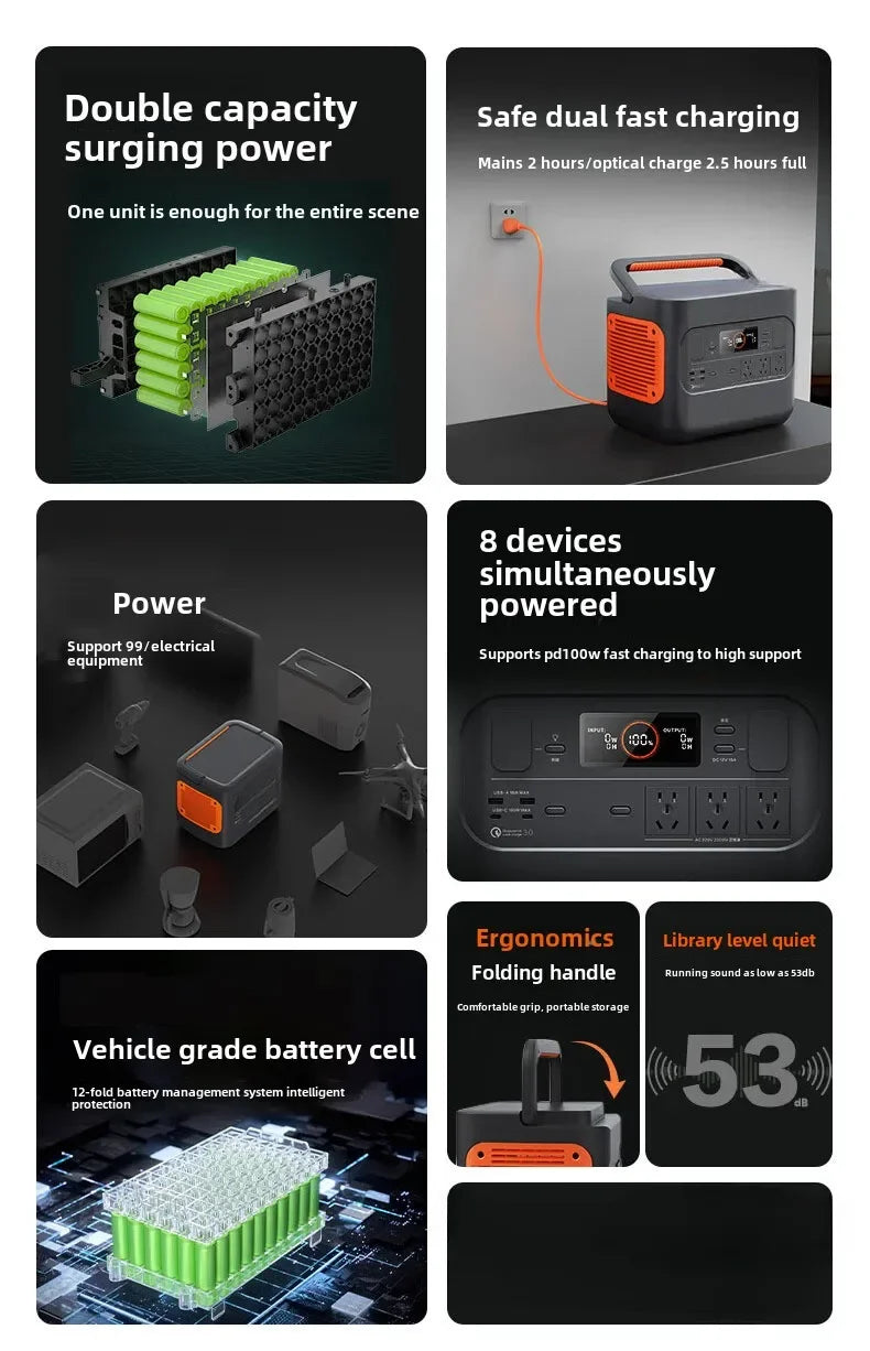 Portable Outdoor Power Supply, Lithium Battery, Fast Charging, 1000W, 2000Pro, 3000W