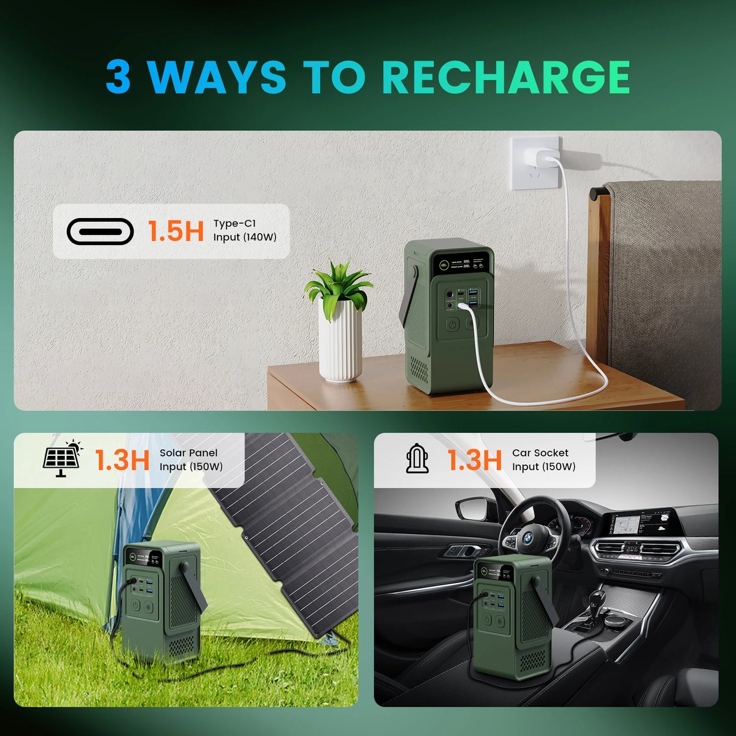 500W 200W Power Station With 100W Solar Panel 18V USB TYPE-C Portable Power Bank 345.6Wh 192Wh Lifepo4 Battery Charging Station
