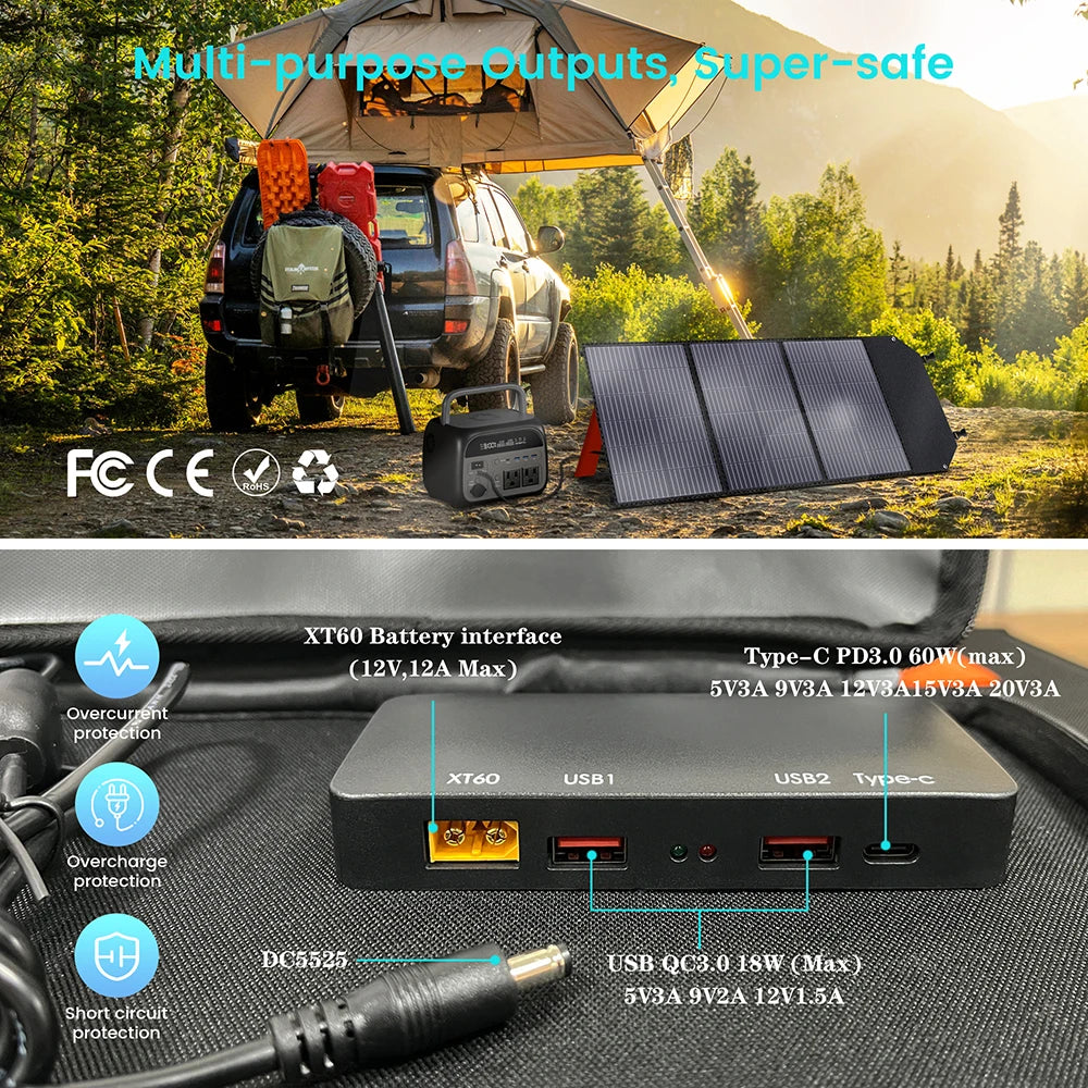 500W 200W Power Station With 100W Solar Panel 18V USB TYPE-C Portable Power Bank 345.6Wh 192Wh Lifepo4 Battery Charging Station